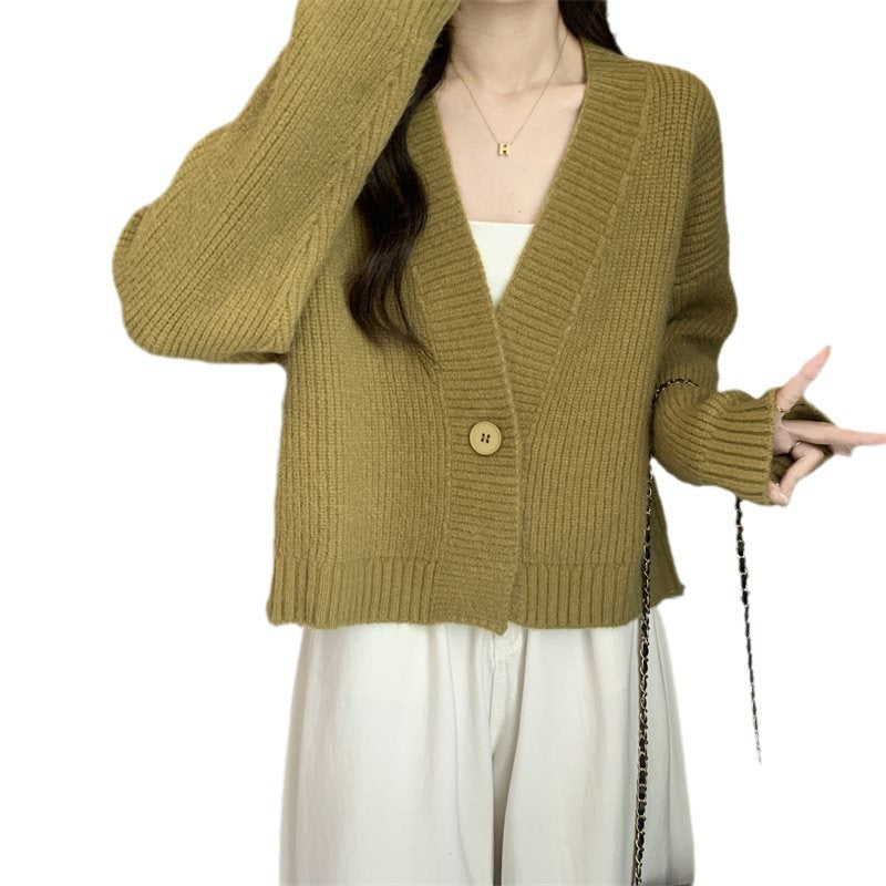 Damen Strickjacke V-Ausschnitt Große Knöpfe Beige