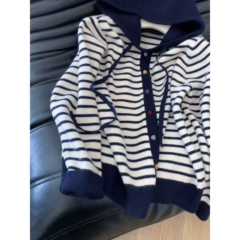 Damen Strickjacke Kapuze Gestreift Norvielle
