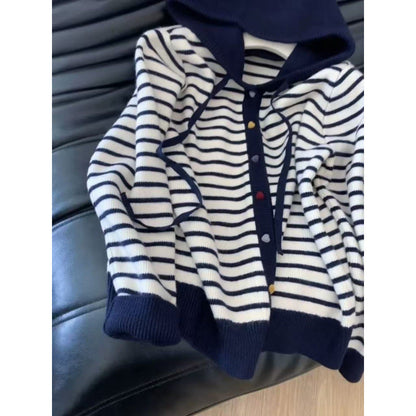 Damen Strickjacke Kapuze Gestreift Norvielle