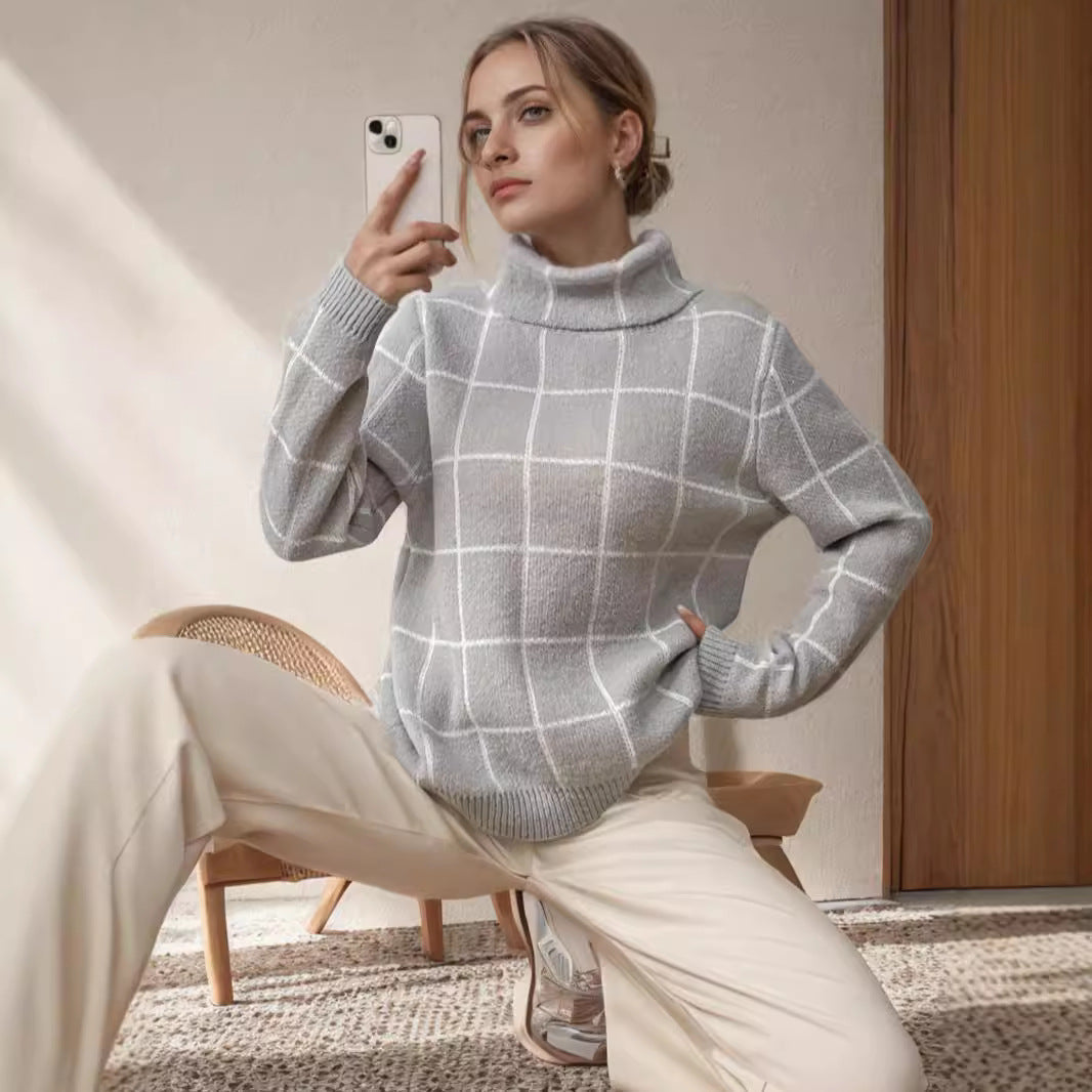 Damen Grobstrickpullover Karomuster Hochkragen Beige
