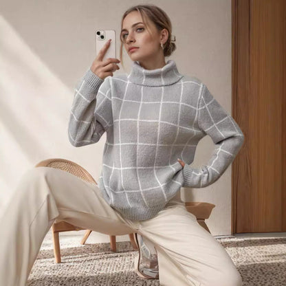 Damen Grobstrickpullover Karomuster Hochkragen Beige