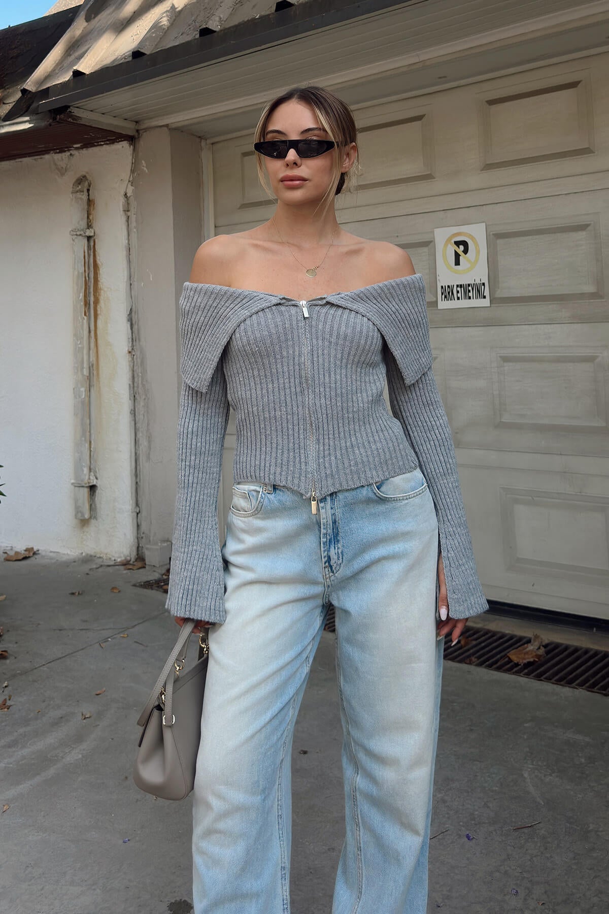 Damen Off-Shoulder Pullover Reißverschluss Norvielle