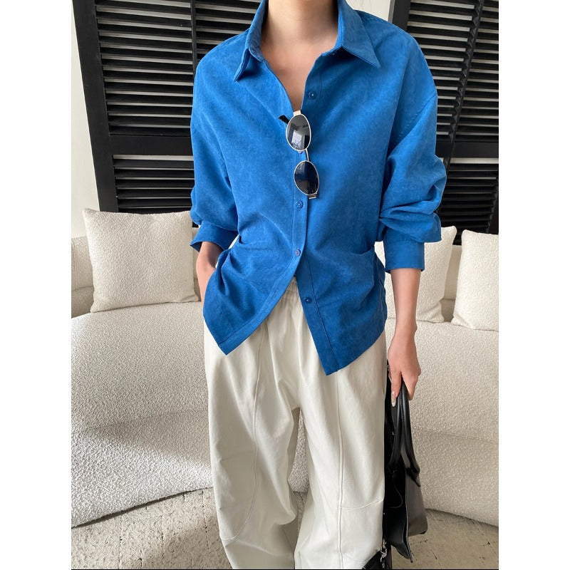 Damen Oversized Hemdbluse Leicht Baumwolle Blau - Norvielle