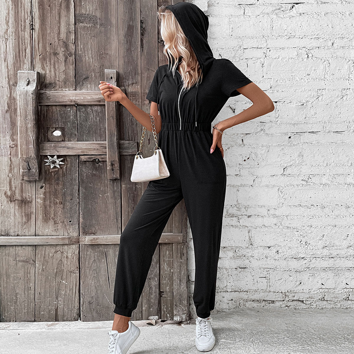 Damen Kapuzen-Jumpsuit elastisch mit Taschen Norvielle