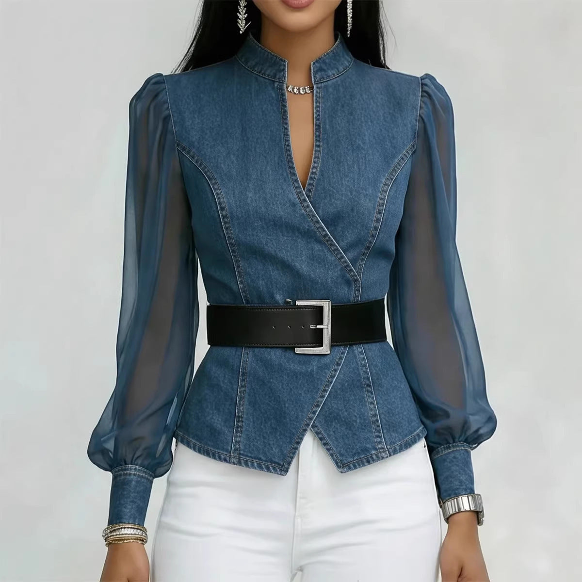 Damen JeansbluseTransparente Ärmel Tailliert