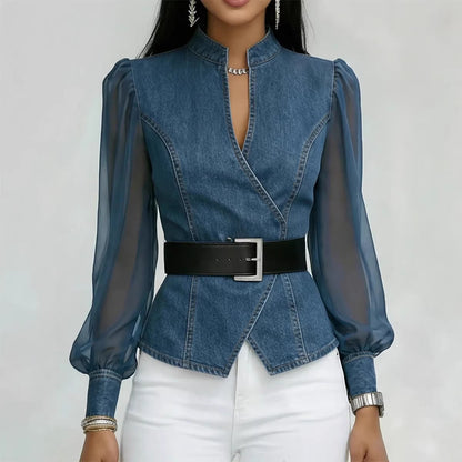 Damen JeansbluseTransparente Ärmel Tailliert