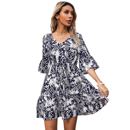 Damen Sommerkleid Blümchenmuster Voluminöse Ärmel Rüschendesign