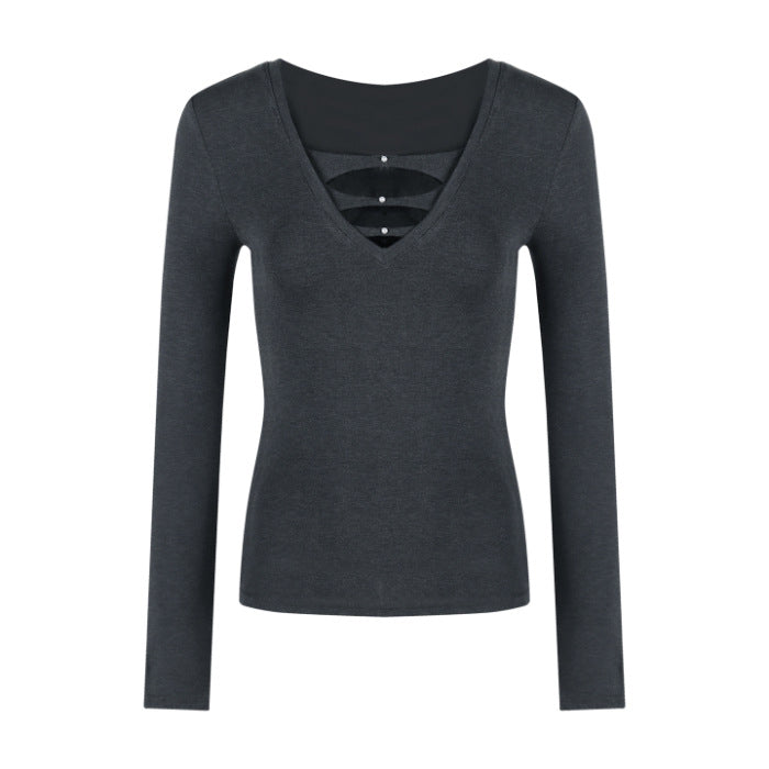 Damen Langarmshirt V-Ausschnitt Raffung Elegant