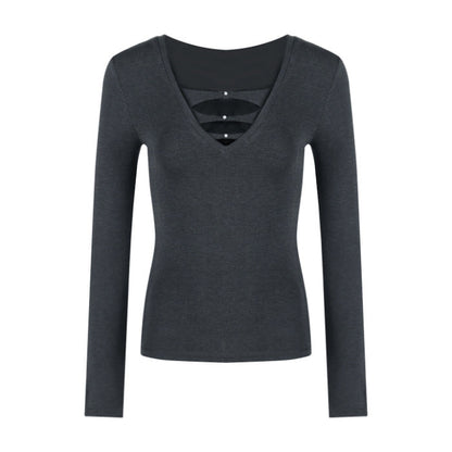 Damen Langarmshirt V-Ausschnitt Raffung Elegant