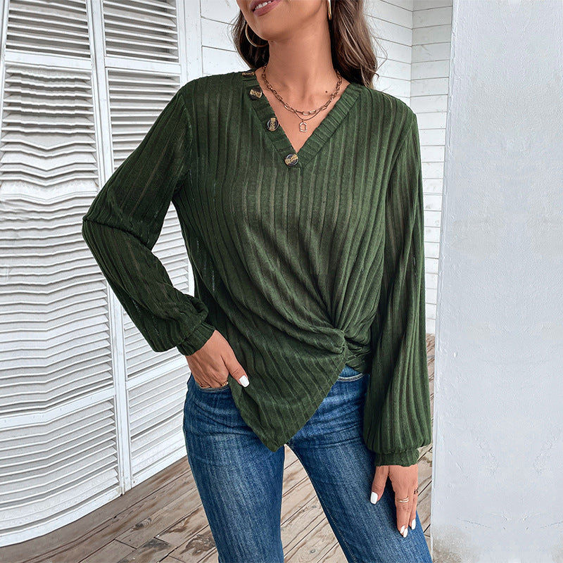 Damen Langarmshirt V-Ausschnitt Dekorative Knöpfe Norvielle