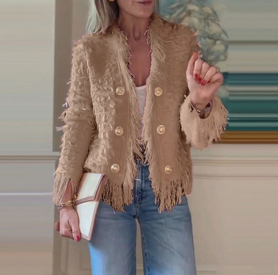 Damen Fransenjacke Goldene Knöpfe Norvielle