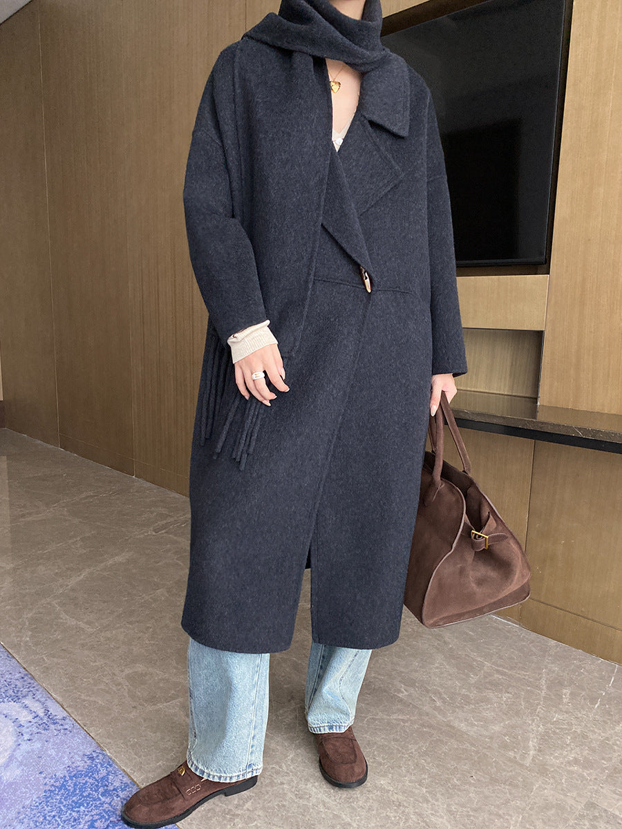 Damen Oversized-Mantel mit Fransen Tiefkragen