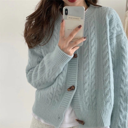 Damen Strickjacke Zopfmuster Elegante Knöpfe Beige - Norvielle