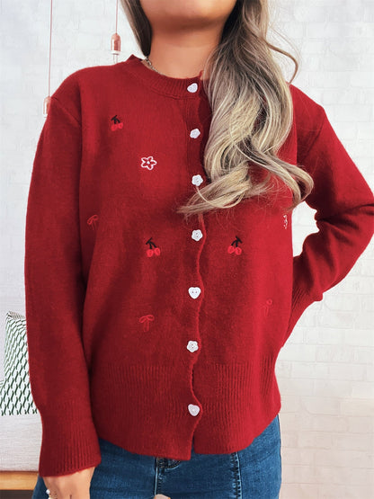 Damen Strickjacke Bunt Stickdesign Knopfverschluss