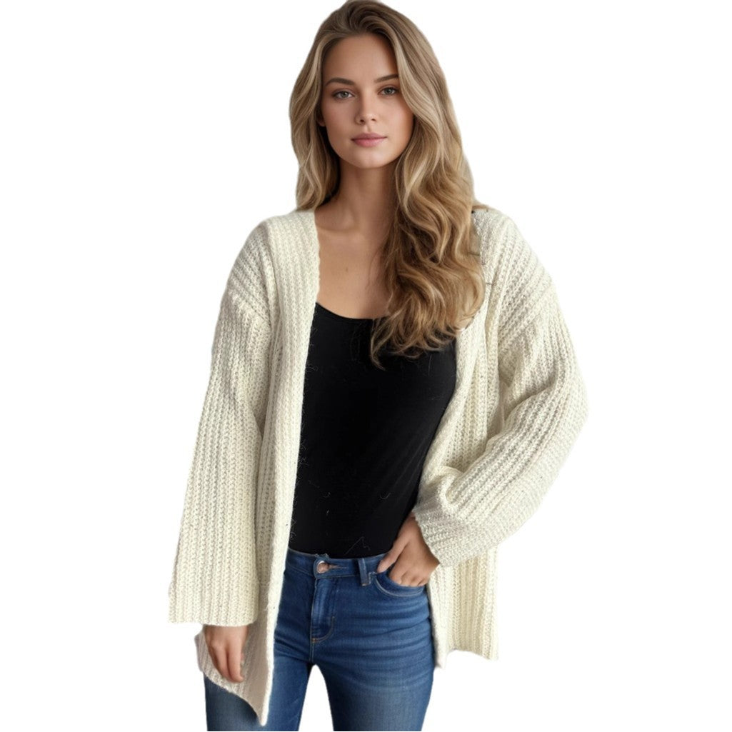 Damen Strickjacke Offen Vorne Lässig Beige