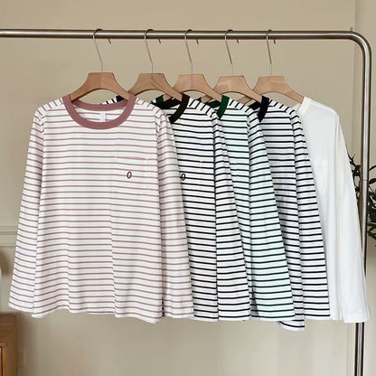 Damen Langarmshirt Gestreift Mit Brusttasche Norvielle