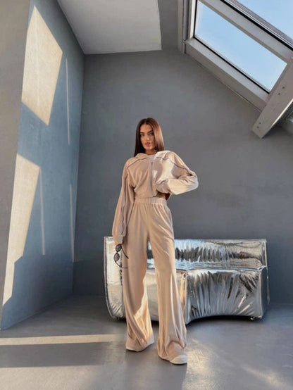 Damen Velours-Loungewear-Set Kurzer Hoodie Weite Hose