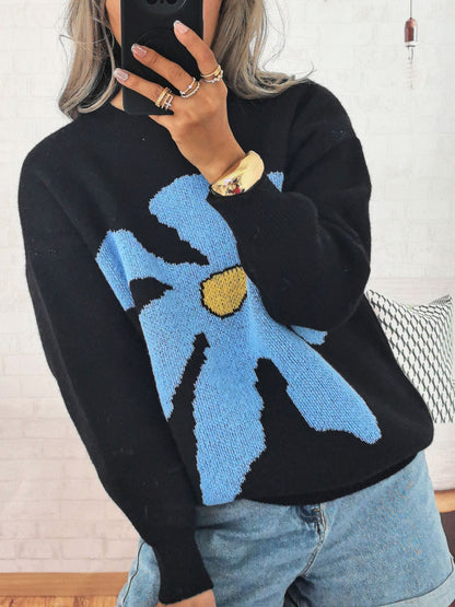 Damen Strickpullover Bunt Blumenmotiv Überschnittene Schultern