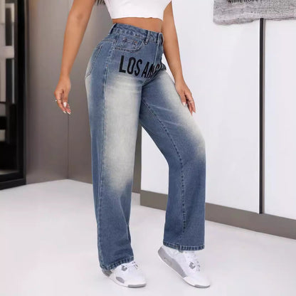 Damen Weite Jeans Mit Stylischem Schriftzug Norvielle