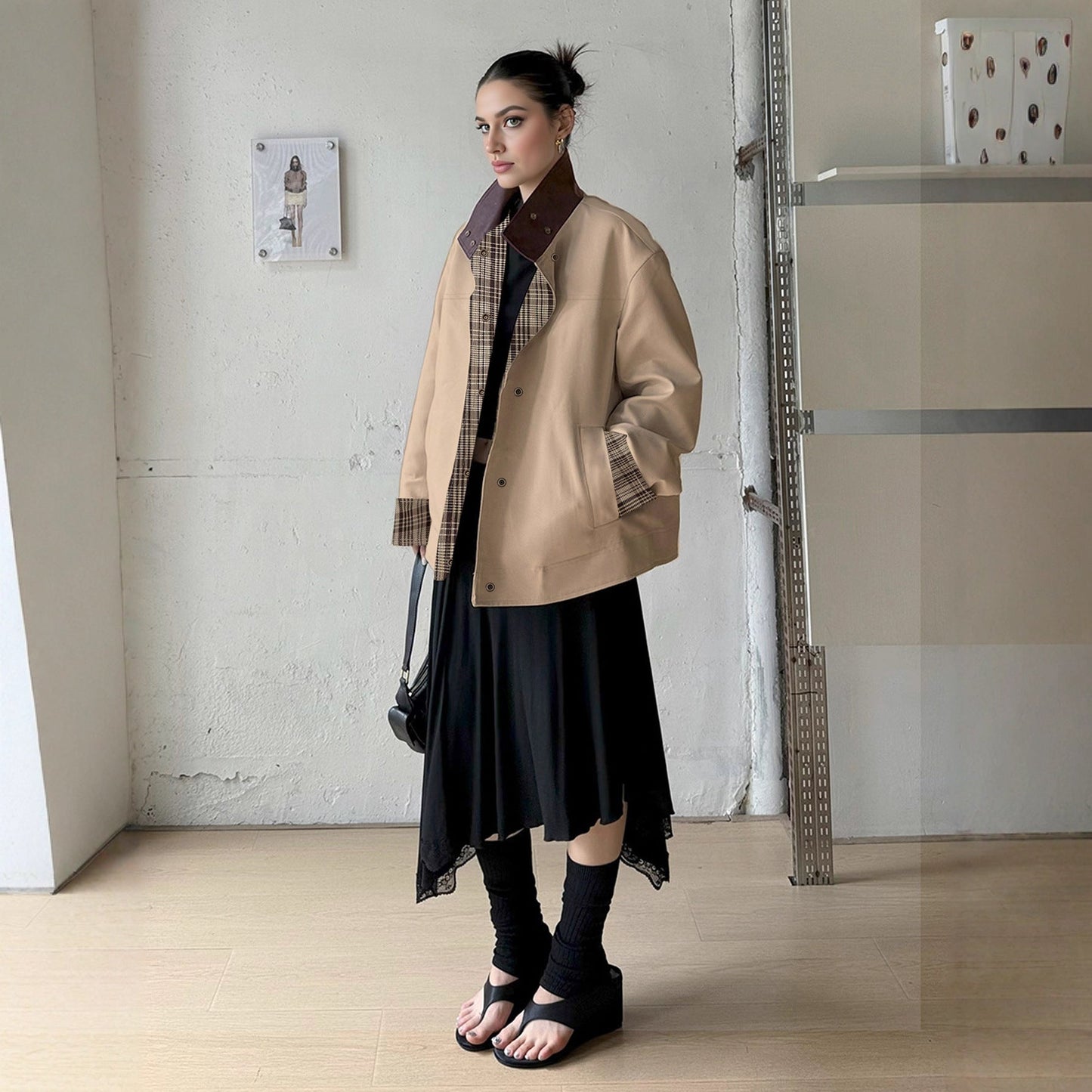 Damen Oversized Jacke Kariertes Innenfutter Hocher Kragen