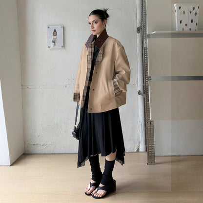 Damen Oversized Jacke Kariertes Innenfutter Hocher Kragen
