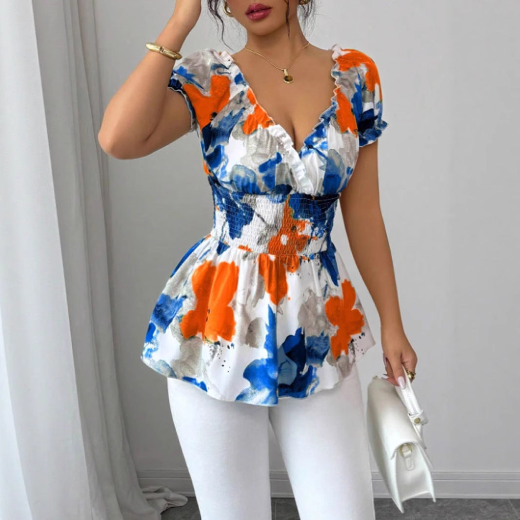 Damen Bluse Elastisch Rüschen Blume Weiss