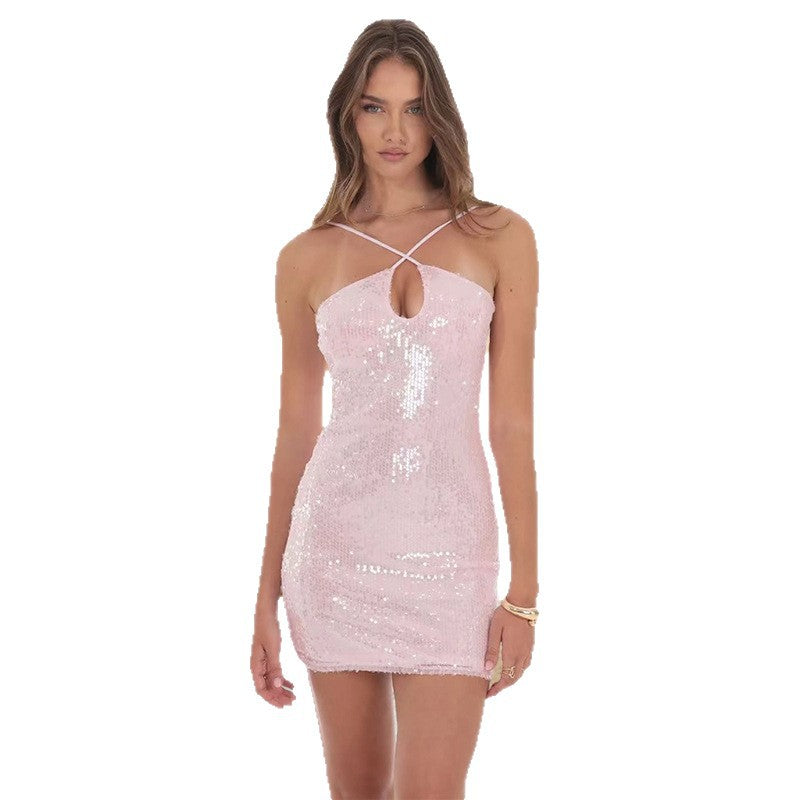 Damen Minikleid Glitzernd Trägergestaltung Tiefes Dekolleté