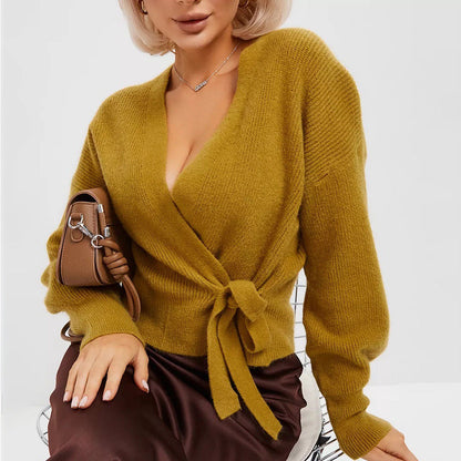 Damen Wickelcardigan Softstrick V-Ausschnitt Beige Norvielle - Norvielle