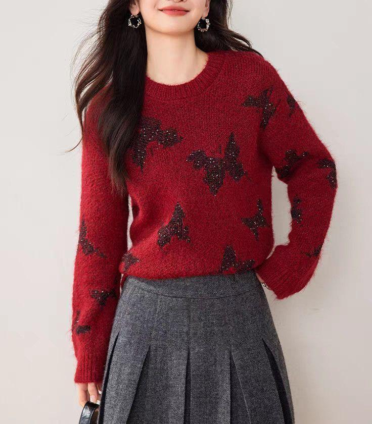 Damen Strickpullover Glitzernde Schmetterlingsapplikationen Norvielle