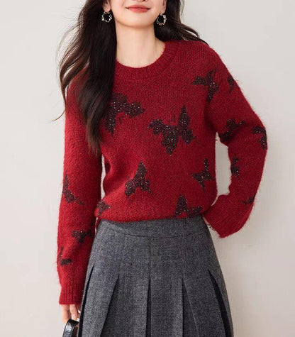 Damen Strickpullover Glitzernde Schmetterlingsapplikationen Norvielle