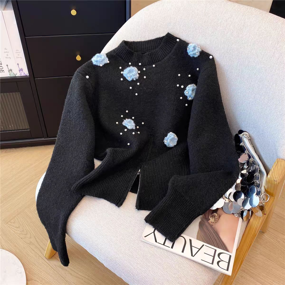 Damen Pullover Strukturiertes Blumendesign Perlenverzierungen
