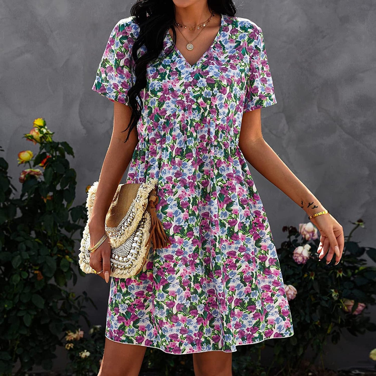 Damen Shift-Kleid V-Ausschnitt Floral Norvielle