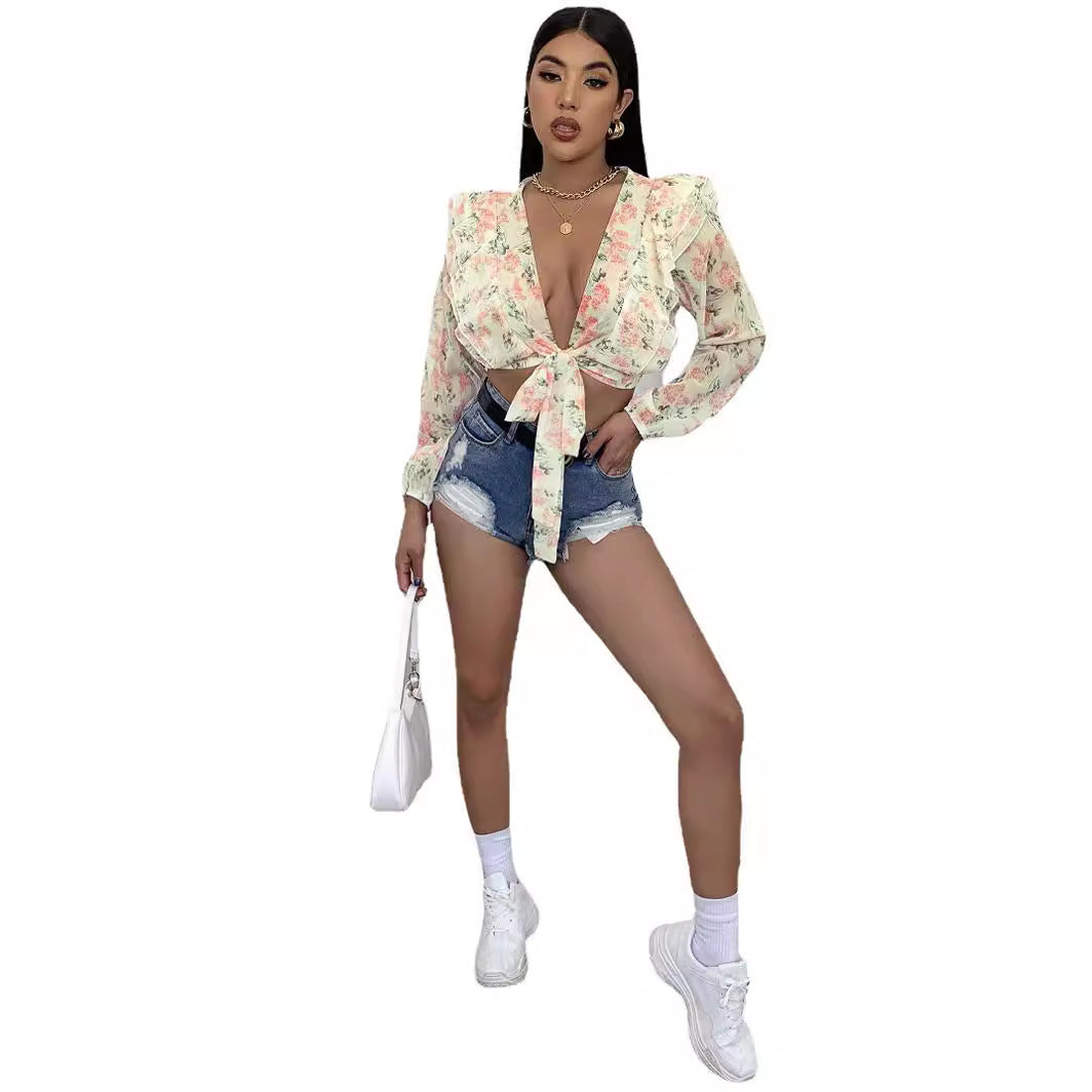 Damen Bluse Florales Design Rüschen Norvielle