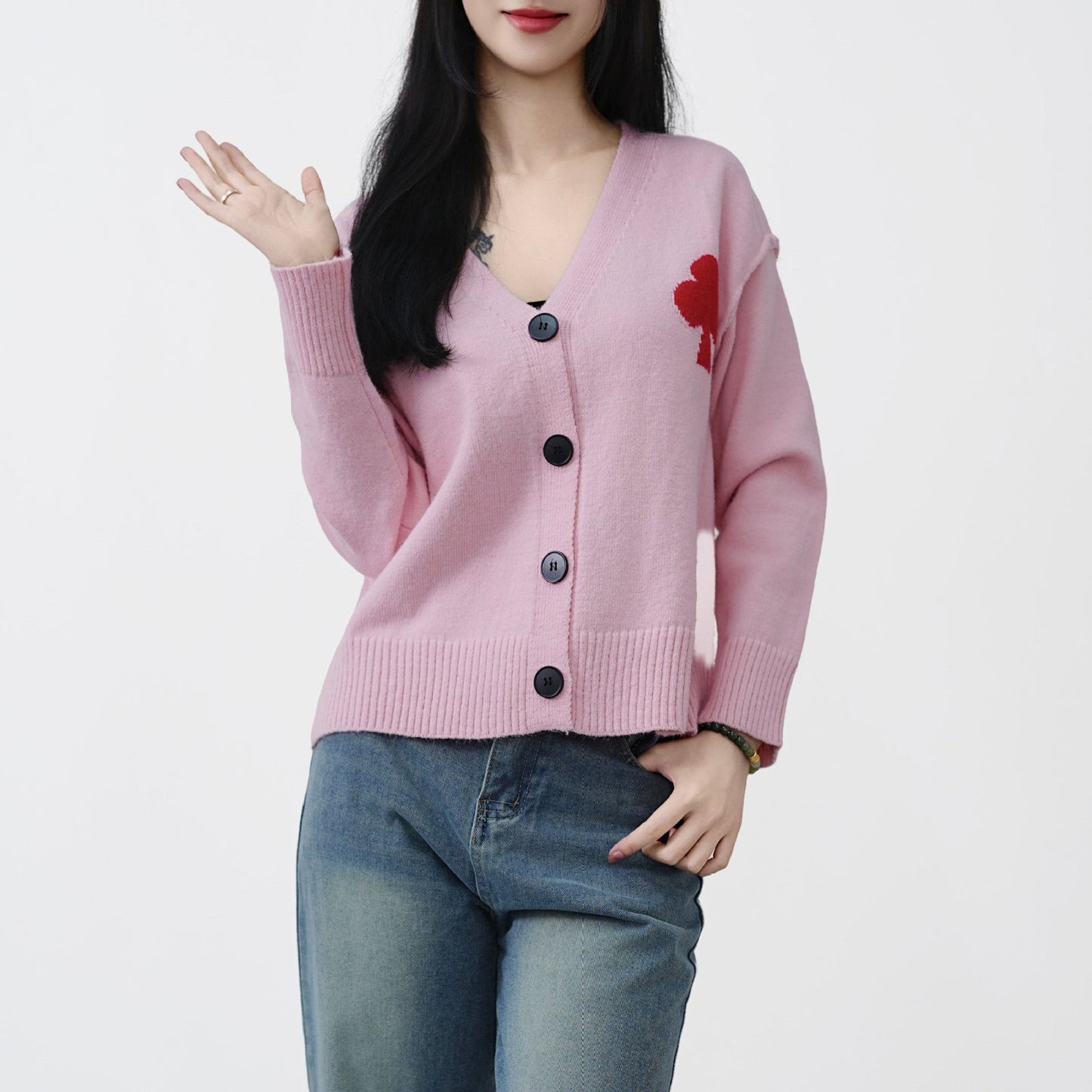 Damen Strickjacke Weich Herzstickerei Norvielle