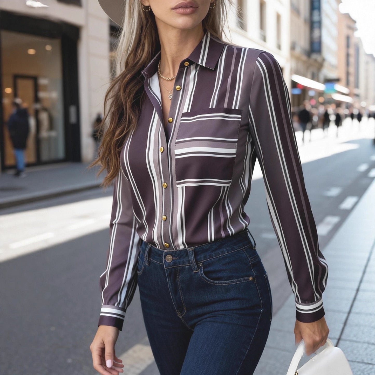 Damen Bluse feine Streifen klassischer Kragen Norvielle