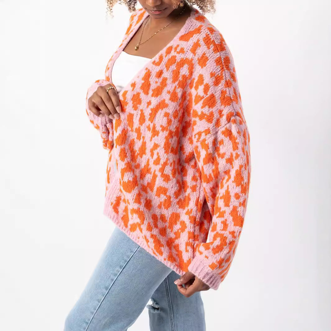 Damen Strickjacke Leopardenmuster Oversized Voluminöse Ärmel Norvielle