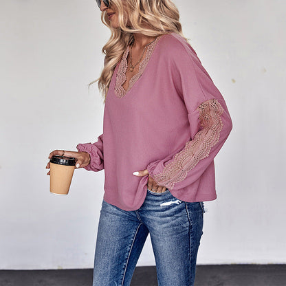 Damen Bluse Spitze V-Ausschnitt Lässig Weiß