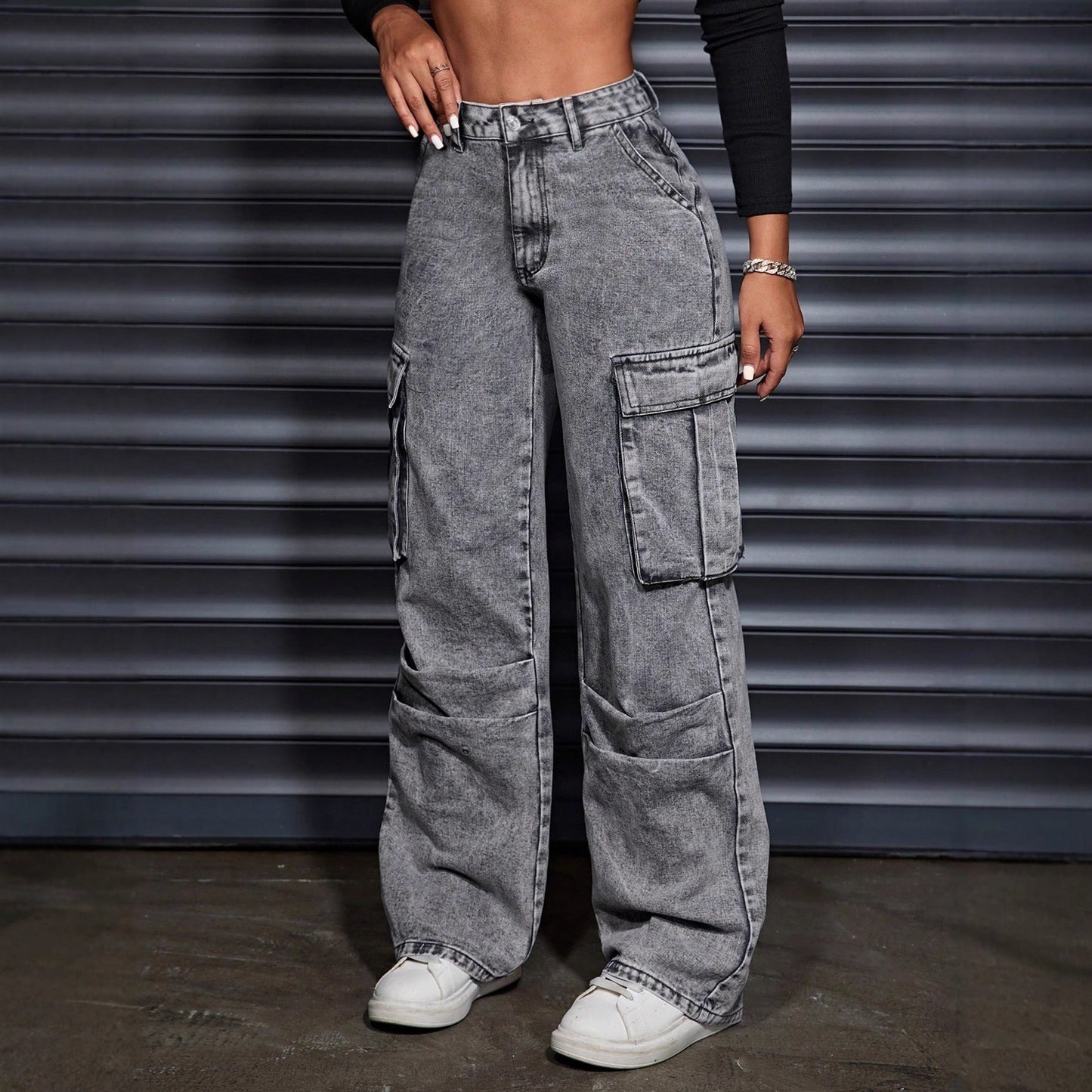 Damen Hochbund-Cargo-Jeans mit Seitentaschen Norvielle