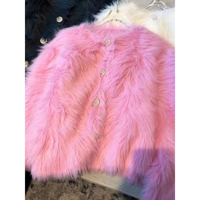 Damen Kurzjacke Flauschig Knopfdesign