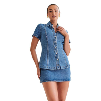 Damen Denim-Kleid Knöpfbarem Oberteil Figurbetonend Schnitt