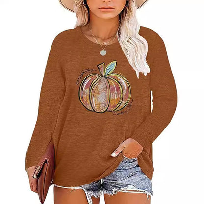 Damen Langarmshirt Kürbis-Motiv Baumwolle Herbstfarben