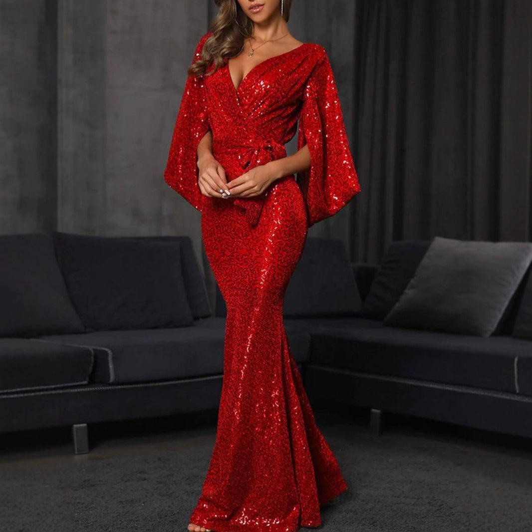 Damen Pailletten Mermaid-Kleid V-Ausschnitt Voluminöse Ärmel Norvielle - Norvielle