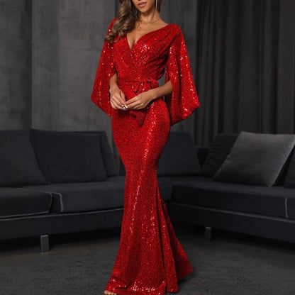 Damen Pailletten Mermaid-Kleid V-Ausschnitt Voluminöse Ärmel Norvielle - Norvielle