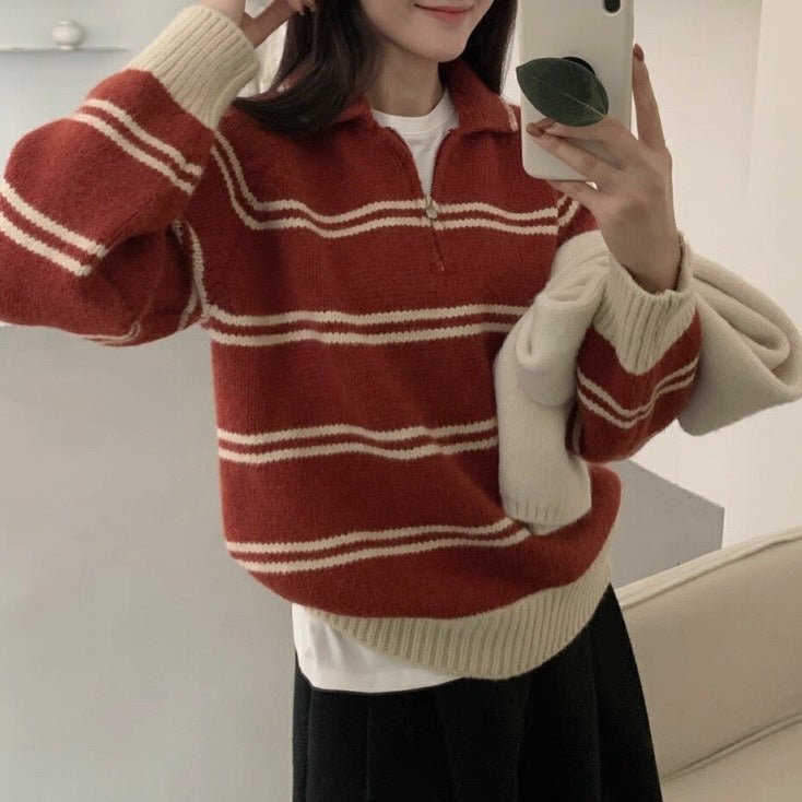 Damen Pullover Gemustert Stehkragen Kontrastdetails Norvielle