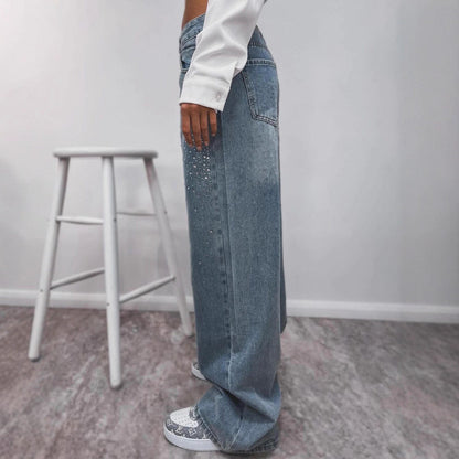 Damen High-Waist Jeans mit Glitzerdetails dunkelblau Norvielle