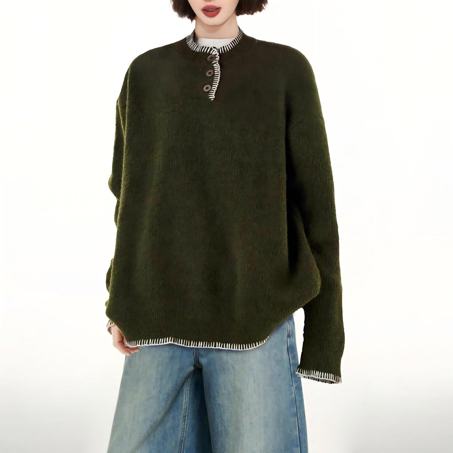 Damen Pullover Lässig Dekorative Knöpfe Kontrastfarben