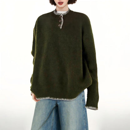 Damen Pullover Lässig Dekorative Knöpfe Kontrastfarben