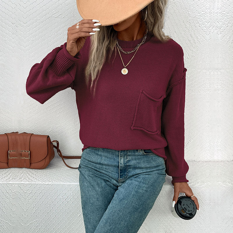 Damen Strickpullover Lässig Brusttasche Norvielle