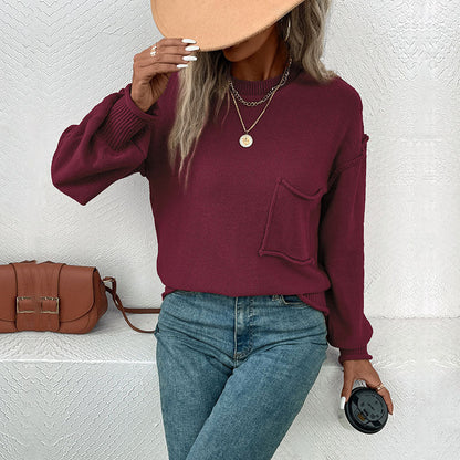Damen Strickpullover Lässig Brusttasche Norvielle