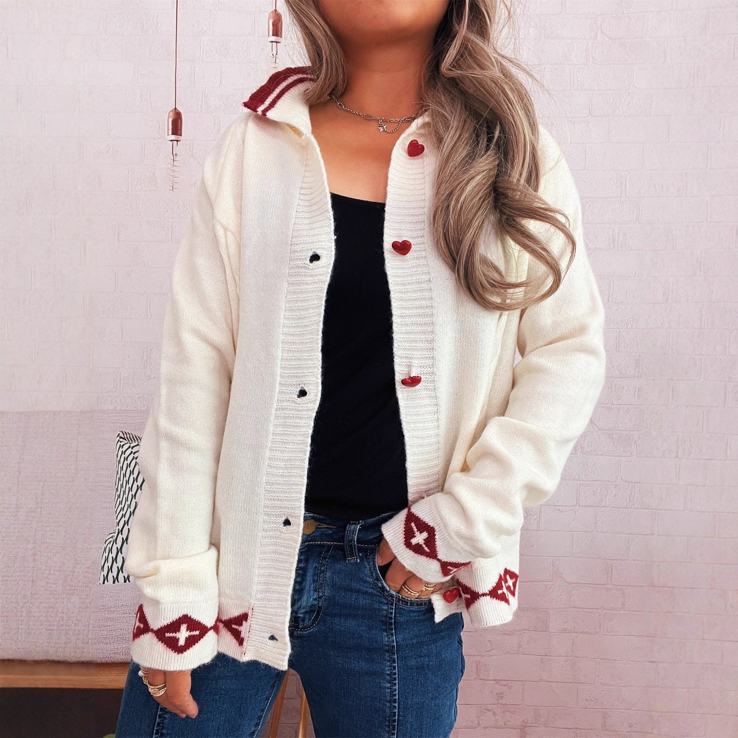 Damen Strickjacke Dekorative Muster Knopfdetails Norvielle